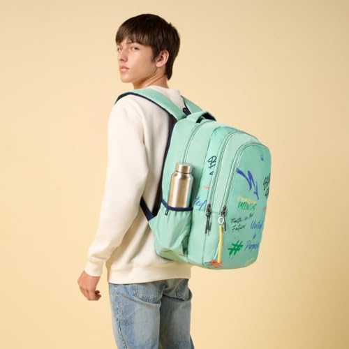 Image of United Colors of Benetton Unisex High-School Backpack GRAFFITI - Green | 3-Compartment Large Capacity Bag with All-Over Print | Backpack for School Girls and Boys| 37L Capacity
