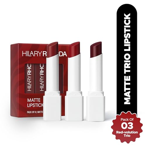 Hilary Rhoda Matte Trio Lipstick | Matte Finish & Long Lasting Lipstick | Pack of 3 Lipsticks | Highly Pigmented & Glides Smoothly | Vegan & Cruelty-Free - (Red-volution Trio, 3g x 3U)