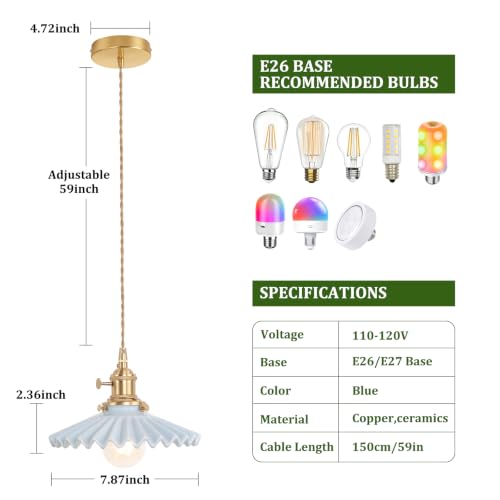 Image of Shenmoyl Pendant Light with Blue Pleated Ceramic Lmapshade, Brass Vintage Pendant Light Adjustable Hanging Light for Kitchen Island Dining Room Hallway