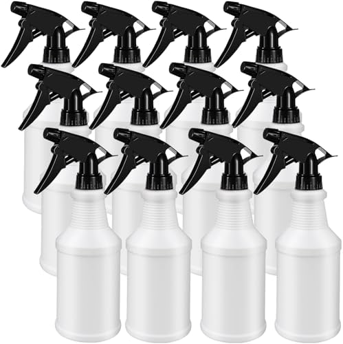 12 Pack Plastic Spray Bottles 16 oz Refillable Empty Bottle Sprayers Leakproof Stream-Adjustable Nozzle, Water Spray Containers for Kitchen Cleaning, Gardening, Hair, Plant Watering