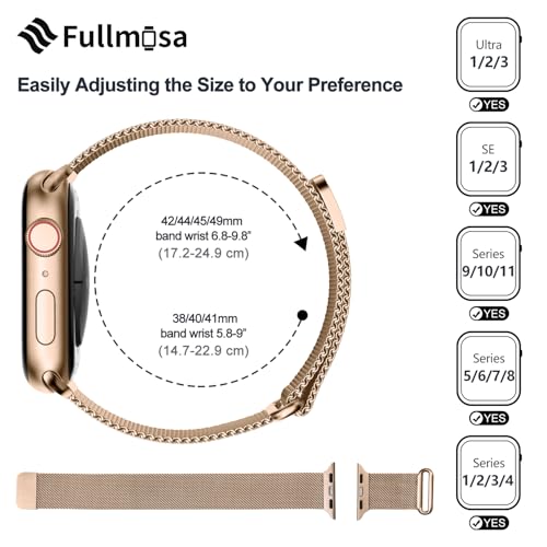 Fullmosa Metal Band Compatible with Apple Watch Strap 49mm 46mm 45mm 44mm 42mm（Series 3/2/1）Women Men,Milanese iWatch Strap Ultra 3/2/1 Series 11 10 9 8 7 6 5 4 3 2 1 SE SE2,Rose Gold [NO Watch and Case]