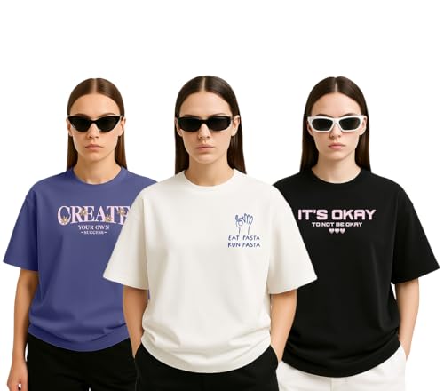 Image of Cotton Blend Oversized Baggy Fit Drop Shoulder Graphic Printed Half Sleeve T-Shirt Combo for Women (Pack of 3) (Sizes: S to 2XL)