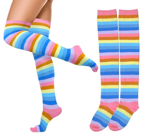 Image of Rainbow Thigh High Socks for Women Girls Pride Socks Kawaii Clown Socks Colorful Cotton Rainbow Stockings Tube Socks Striped Long Socks 1 Pack