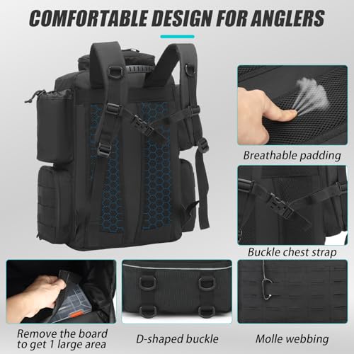 Image of Tactical Fishing Backpack with 4 Tackle Boxes, Rod Holders & Bottle Holder | 50 L Large Insulated Fishing Tackle Backpack with Cooler, Fishing Bag for Store Gear & Equipment