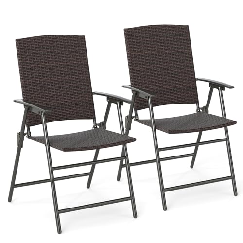 Tangkula Outdoor Folding Chairs Set of 2, Patio PE Wicker Dining Chairs with Armrests and Metal Frame, Portable Lawn Chairs for Garden, Porch, Balcony and Camping, Fully Assembled (1, Mix Brown)