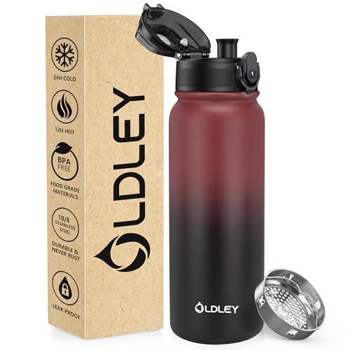OLDLEY 600ml/20oz Stainless Steel Water Bottle Double Walled Vacuum Flask Keep Drink Hot and Cold Leakproof BPA Free 600ML Metal Insulated Water Bottle for Sport School Work Outdoor Hiking (Red-Black)