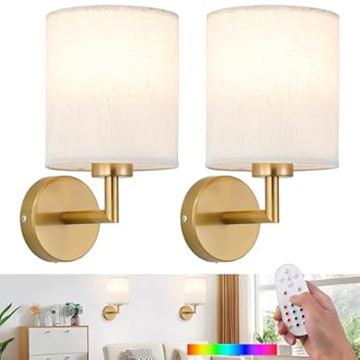 Battery Operated Wall Sconce Set of 2,Rechargeable Wall Lights with Remote Control,Wireless Wall Sconces with 3000mAh Detachable LED Bulb,15 Colours Dimmable Wall Lamp for Bedroom Living Room Hallway