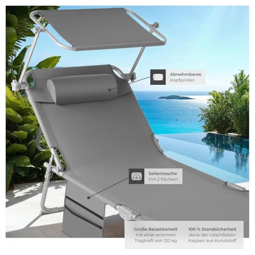 tectake® Sonnenliege klappbar, tragbar, Liege mit Seitentasche, Strandliege, Gartenliege mit Dach, Liegestuhl mit Verstellbarer Rückenlehne, inkl. Kopfkissen - für Balkon, Terrasse, Camping - grau