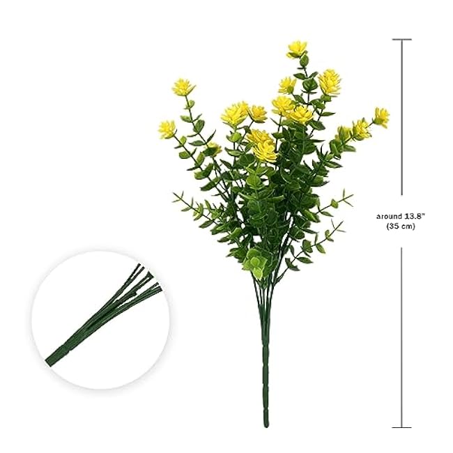 6 Bundles Artificial Fall Flowers for Outdoors,UV Resistant Fake Plastic Plants Artificial Shrubs Fall Flowers Decor of Vase and Outside Window Box, Ferns Plants for Planter-Yellow