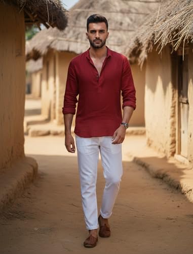 Image of Men's Cotton Blend Straight Kurta Shirt with Mandarin Collar - Slim Fit Casual Short Kurti Featuring Textured Slub Fabric and Roll-Up Full Sleeves