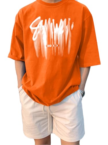 Image of LEOTUDE Men Half Sleeve Round Neck Graphic Font Printed Cottonblend Oversized Tshirts (Colour: Orange)