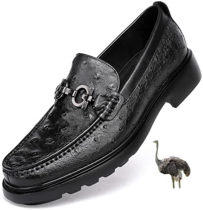 Luxury Men&#39;s Genuine Leather Dress Shoes Classic Fashion Ostrich Patterned Business Shoes Party Buckle Penny Loafer for Men, Black