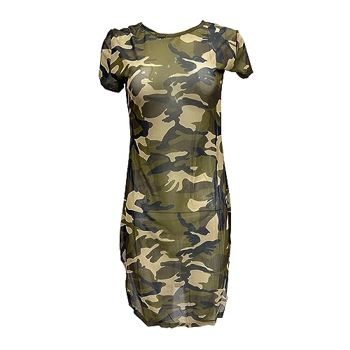 ZUYPSK Damen Durchsichtiges Kleid Nachtkleid Strandkleid Minikleid Camouflage Muster Kurzarm Unterwäsche Rundhals Reizvoll (DE/NL/SE/PL,...