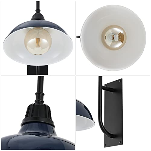 Image of JONATHAN Y 12.25 inch Navy /Black 1-Light Farmhouse Gooseneck Outdoor Wall Sconce Lamp, with Black Metal Bowl Shade, Industrial Iron LED Porch Light for Patio Garage Entryway (JYL7614C)