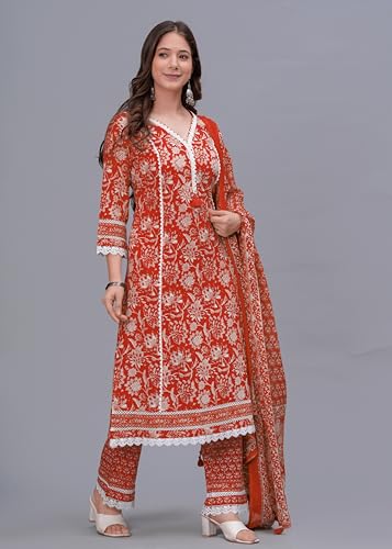 Image of Amayra Women's Pure Cotton Printed Straight Kurta Set with Palazzo Pants & Dupatta- Ethnic Wear