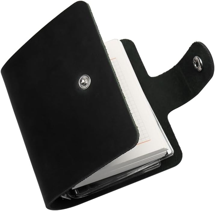 A9 Mini Binder Planner Black Genuine Leather 3-Ring Binder Organizer Wallet, 120 Note & Weekly Refills with 2 Clear Mini Binder Pockets for Planner Budget Notes