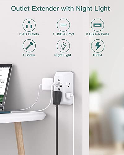 Surge Protector, Outlet Extender with Night Light, Addtam 5-Outlet Splitter and 4 USB Ports(1 USB C), USB Wall Charger Power Bar, Multi Plug Outlet for Home, Office, School