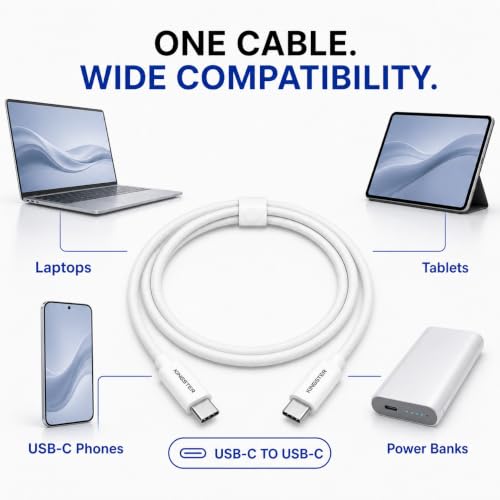 Image of KINGSTER 60W USB-C to USB-C Cable, 1 Metre Nylon Braided PD Fast Charging and 480Mbps Data Transfer Cable for iPhone 15 and Later, MacBook, iPad and Samsung Galaxy