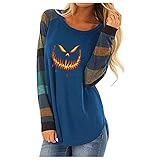 NAQUSHA Damen Halloween Langarm Sweatshirts Herbst Freizeit Funny Evil Fierce Pumpkin Smiley Drucken Kollision Streifen Ärmel T-Shirt Rundhals Tops Party Oberteile Pullover(Blue,XX-Large)