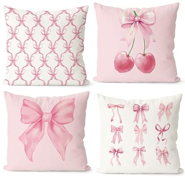 4Pcs 18¡Á18 Cherry Pillow Covers, Pink Bow Pillow Covers, Girls Room Decorative Pink Pillow Cover for Home Bedroom Living Room Decor