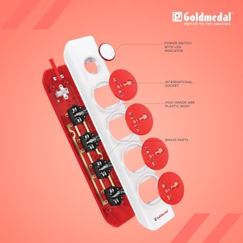 Image of COPPE-RICO Goldmedal I-Design 4X1 Power Strip with 4 International Sockets,Master Switch,Indicator and 2-Meter Power Cable -White,Pack of 1,Made with Fire-Retardant Material