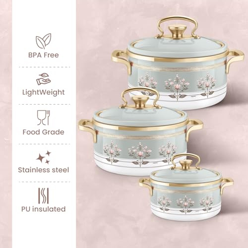 Image of Nayasa Rachel Casserole- Small Set of 3, 500, 1000, 1500 ML | BPA Free | Food Grade | Easy to Carry | Easy to Store | Hot Pot for Kitchen | Roti Box | Teal