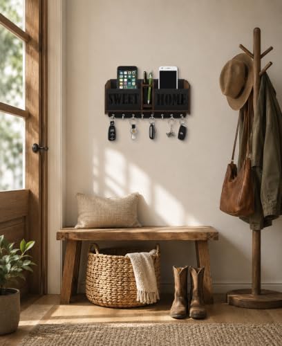 Image of Sweet Home Key Holder for Home Wall Stylish | Wooden Key Stand for Wall | MDF Key Hanger | Two Box to Charge Mobile | Pen and Keys Holder Stand for Office, Hall Living | Matte Finish