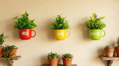 Image of Dekorly Colorful Wall-Mounted Mug Planters with Faux Greenery(20 CM)- Wall Decorative Pots for Vibrant Home & Office Decor| (3, Rise Shine Succeed)