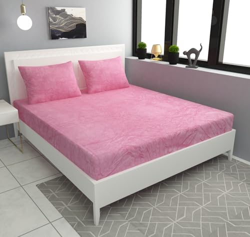 Image of Sands Luxurious Bedsheets for Winter, King Size Fitted Warm Double Bedsheet, 72 x 78 x 10 inches, with 2 Pillow Covers (Pink)