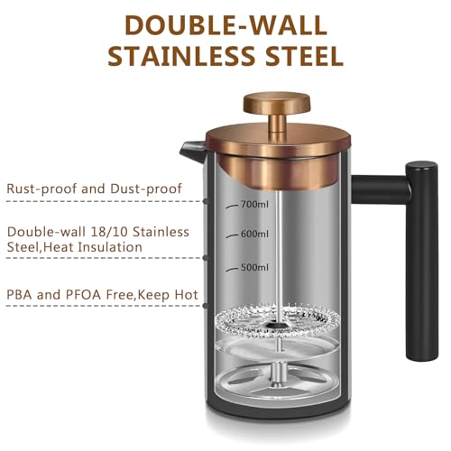 Image of Black Stainless Steel French Press Coffee Maker, Double Wall Insulated French Press,for Coffee&Tea,with 3 Extra Screens and a Coffee Spoon,34oz /1000ml,Gold