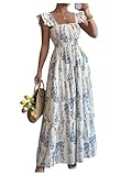 Floerns Women's Floral Ruffle Cap Sleeve Boho Maxi Dress Smocked Tiered Ruffle Beach Dresses Beige Multi Large