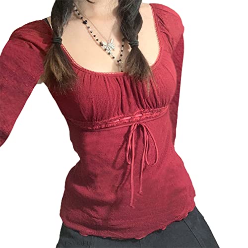 Image of Fairy Grunge Shirts for Women Y2K Tops Long Sleeve Lace Patchwork Tees Teen Girls Vintage Slim Blouse Fall Clothes
