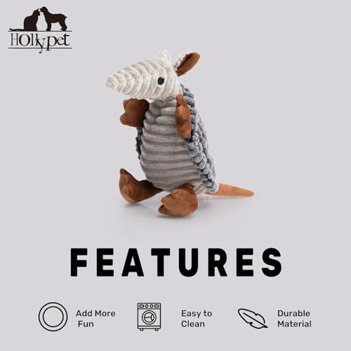 Image of Hollypet Plush Dog Squeaky Toy Stuffed Armadillo Animal Pet Puppy Chew Toys with Clean Teeth for Small Medium Large All Breed Sizes Dogs, Dark Gray, 8 in
