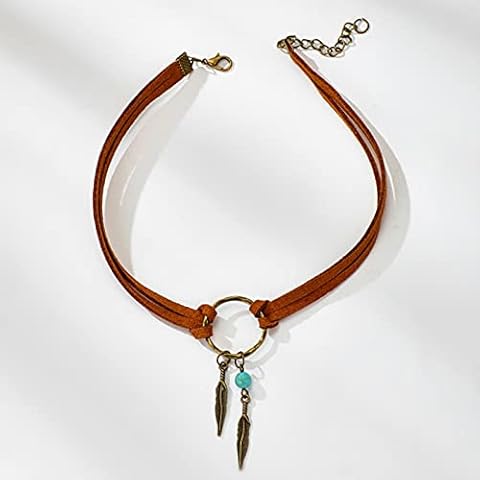 ZXCL Vintage Alloy Feather Leather Choker Necklace for Women Antique Gold Circle Collar Female Boho Jewelry collares-gold Cover