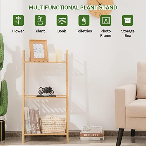 COSTWAY 3/4 Tier Bamboo Plant Stand, Ladder Flower Pots Holder with Rear Bar, Freestanding Corner Plant Storage Display Shelf Rack for Indoor Outdoor Living Room Balcony