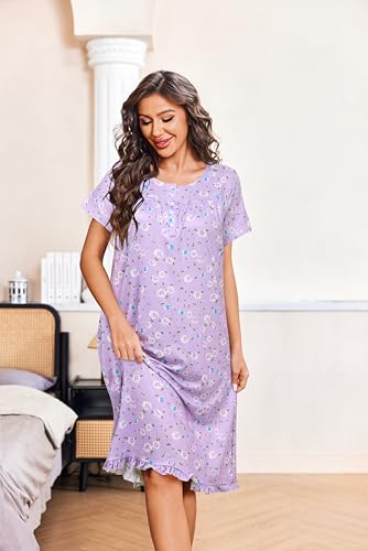 Image of Ekouaer Nightgowns for Women with Pockets Button Front Short Sleeve House Dresses Floral Print Mumu Dress