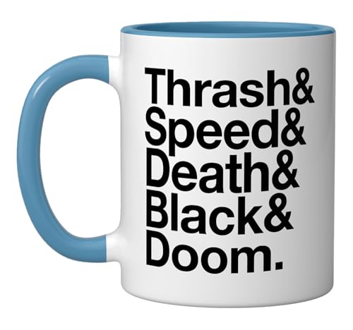 Heavy Metal Music Fan List Thrash Speed Doom Death Black Ceramic Mug, Blue/White