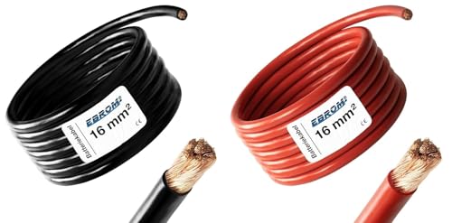EBROM - 2 Meter Batteriekabel - rot und schwarz - Pluskabel und Massekabel - 16mm2 | 16 mm | 16 mm2 - Vollkupfer 99 9% OFC Kupfer Stromkabel - Ihre Länge: je 2 Meter