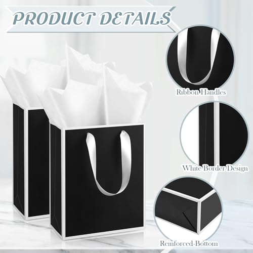 Image of Yeaqee 24 Pack Metallic Paper Gift Bags,Black, White | with Satin Ribbon Handle and Tissue, 9x7x3.1 Inch, Suit Business, Birthday, Christmas, Thank You Return Gifts Bags
