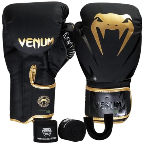 Kit Venum Boxe Muay Thai 14 Oz Kickboxing Luva Bandagem Bucal New Impact Evo Preto Dourado Profissional