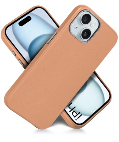 Image of WOW IMAGINE Back Cover for iPhone 15 | Shockproof Tough Leather Texture Hard Mobile Case | Ultra Slim Non-Slip Grip | Inner Velvet Fabric | Metal Camera Ring - Tan Brown
