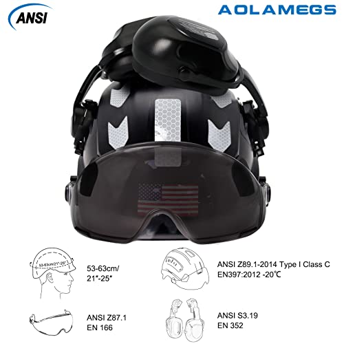 AOLAMEGS Construction Hard Hat with Visor and Earmuffs - Hard Hats Construction OSHA Approved, ANSI Z89.1 ABS Safety Helmet with Eye and Ear Protection, Hardhats for Men Women Worker,6-pt Suspension