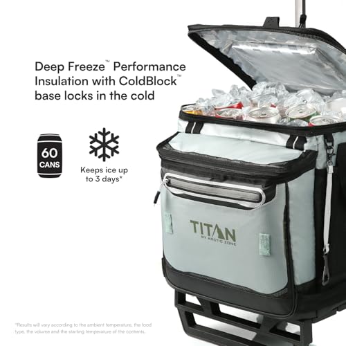 Image of Titan by Arctic Zone 60 Can Wheeled Cooler, Rolling Cart | Collapsible soft sided cooler, detachable rolling AT cart, insulated bag with leak proof lining, for travel, beach, picnic
