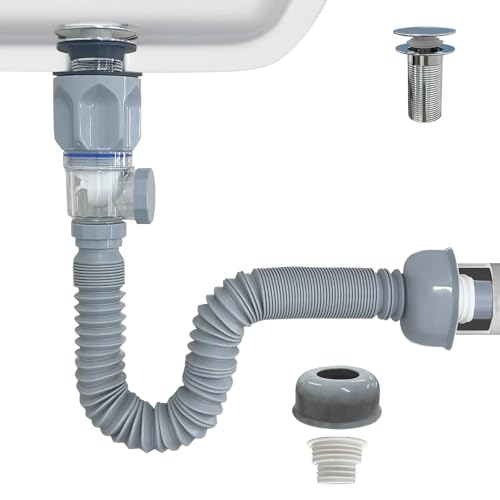 Image of Bathroom Sink Drain Kit,Flexible Expandable P-Trap Sink Drain Pipe for 1-1 /4 inch to 1-1 /2 inch Drain Hole Snappy Trap Flexible Drain Pipe with Pop Up Sink Drain Stopper (Gray)