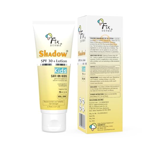 Image of Fixderma Shadow Sunscreen SPF 30+ Lotion for Kids PA+++ | Sensitive Skin, Body & Face | Broad Spectrum Sunscreen for UVA & UVB Protection,Non Greasy & Water Resistant - 75gm