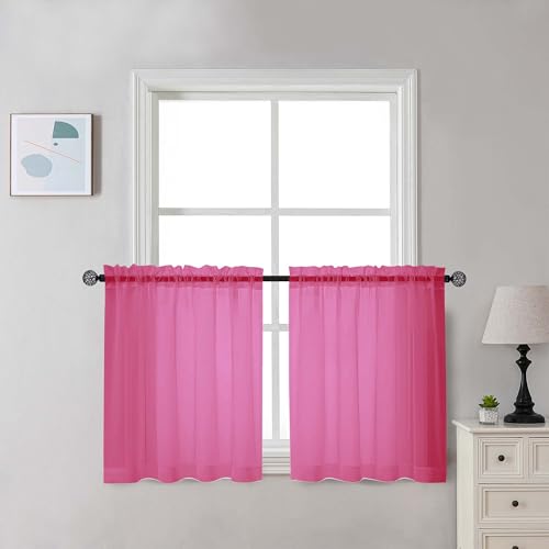 Image of Chyhomenyc Hot Pink Sheer Curtains 30 inch Length 2 Panels, Light Filtering Voile Rod Pocket Short Window Curtians for Bathroom Living Room Farmhouse Small Windows, 42Wx30L inches