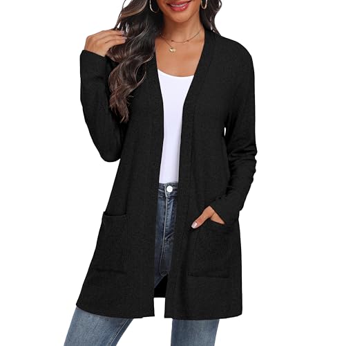 QIXING Women's Sweater Cardigan Open Front Lightweight Cardigan Long Sleeve Cardigans with Pockets
