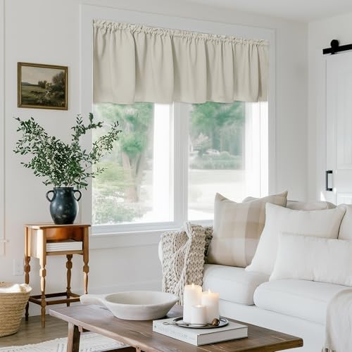 Image of FMFUNCTEX 100% Blackout Valance Curtains for Bedroom, Cream Textured Kitchen Window Curtains 18 Inch Length Thermal Insulated Curtains for Living Room, Rod Pocket Drapes Room Darkening 1 Panel