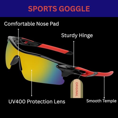 Image of Oversized Sports Goggles for Men & Women UV400 Protection Non Polarized Cycling Running Cricket Driving Fishing Outdoor Lightweight Wraparound Design Clear Vision Eyewear. (Red Mercury)