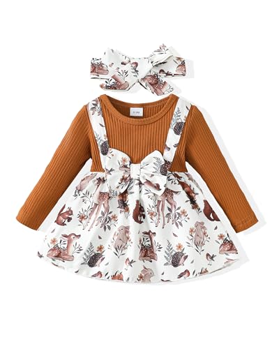 Image of Newborn Baby Girl Clothes 0-3 Months Infant Dresses Outfits Winter Fall Ribbed Romper Animal Skirt Sets Stuff Baby Clothes for Girls Brown